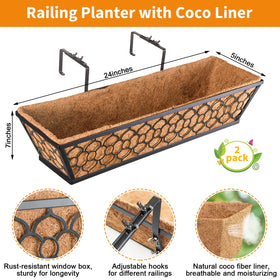 Riare railing planter with adjustable hooks for versatile mounting