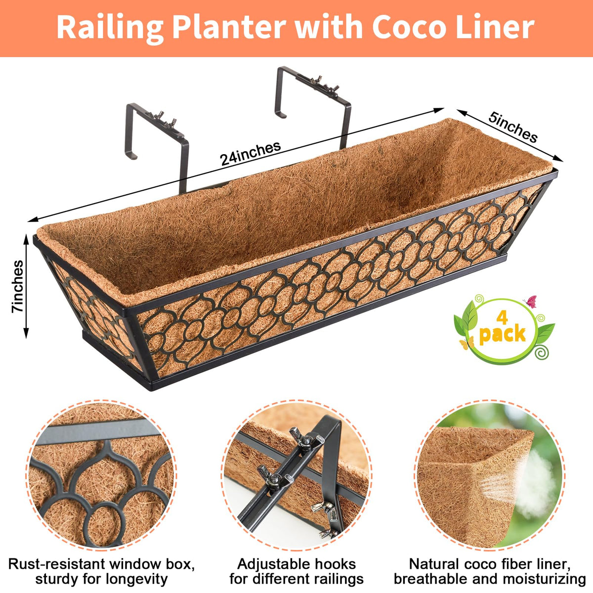 Riare railing planter iron frame with black powder coating supports outdoor use