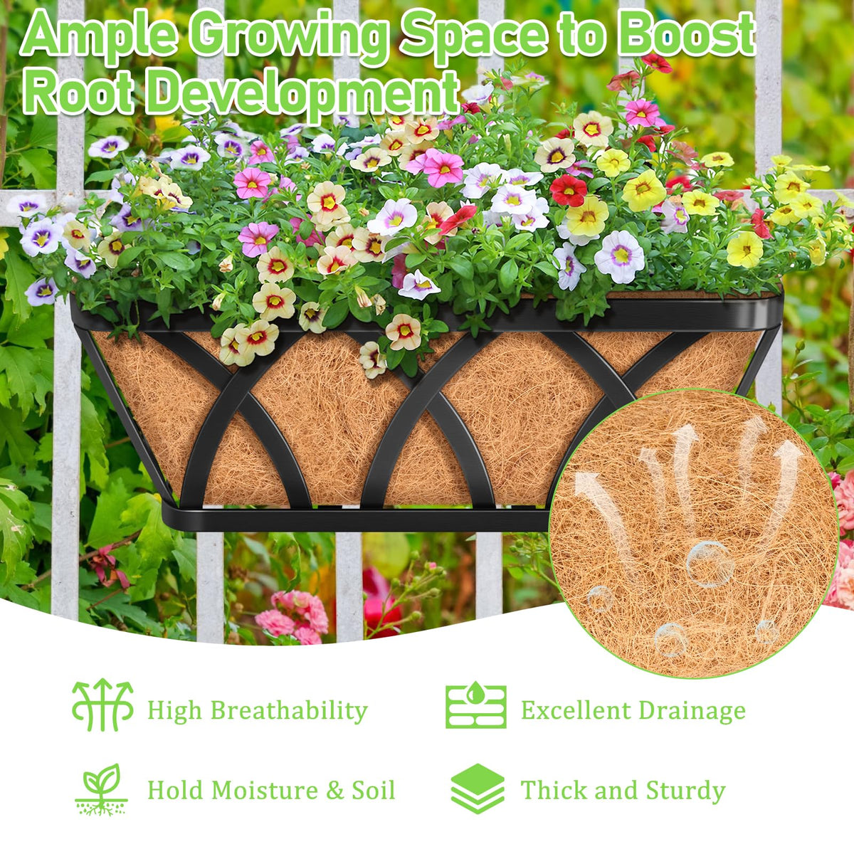 Riare rectangular railing planters add rustic farmhouse charm to balcony or fence.