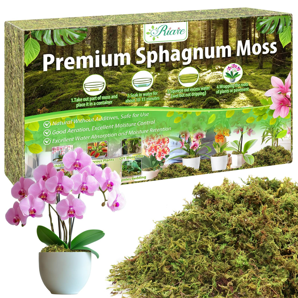 Riare sphagnum moss brick before soaking, ready to expand for moisture retention.