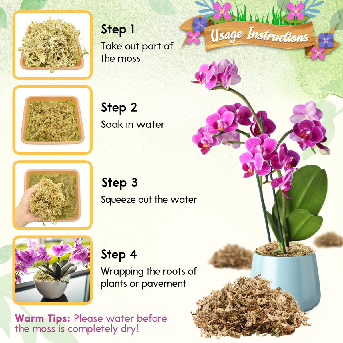 Riare sphagnum moss supports staghorn ferns and terrarium setups with drainage.