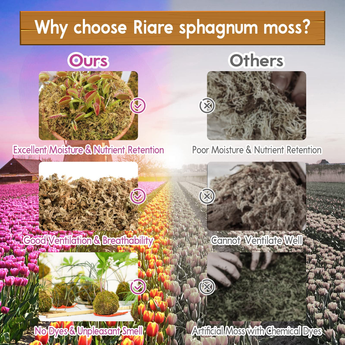 Riare long-fiber moss hydrates easily, expands when soaked for versatile potting media.