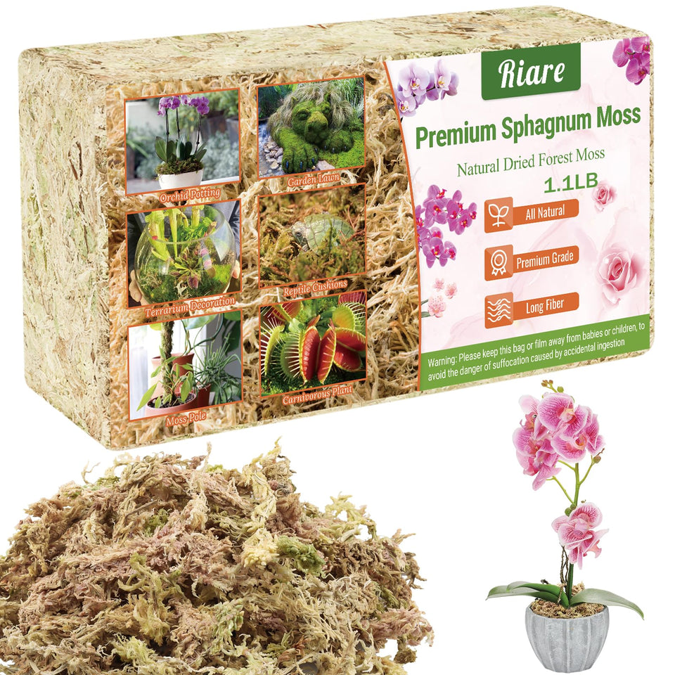 Riare sphagnum moss long-fiber for orchid potting, providing moisture retention and gentle root support.