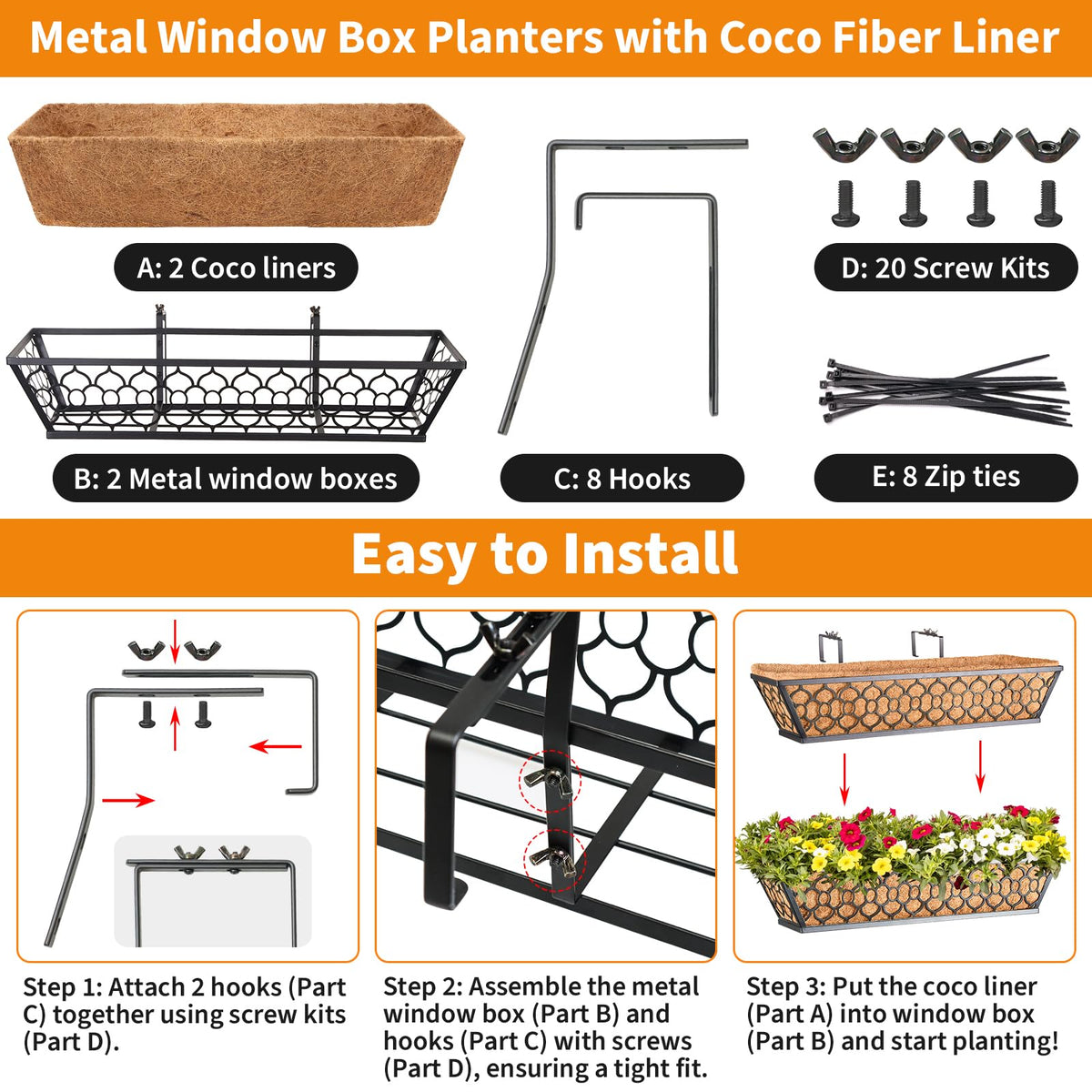 Riare iron-frame window box with black powder coating for rust resistance
