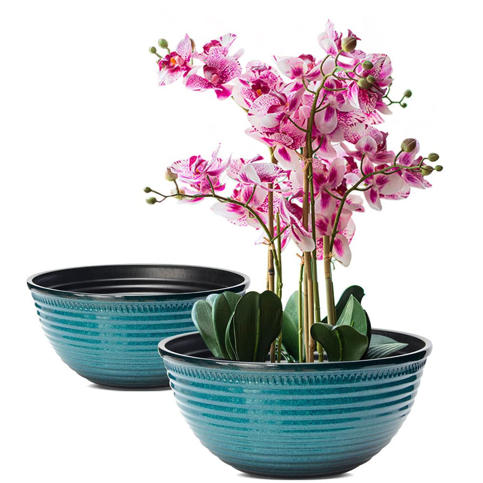 RICH ATLAS blue-striped 10-inch plant pot, front view, ideal for indoor orchids.