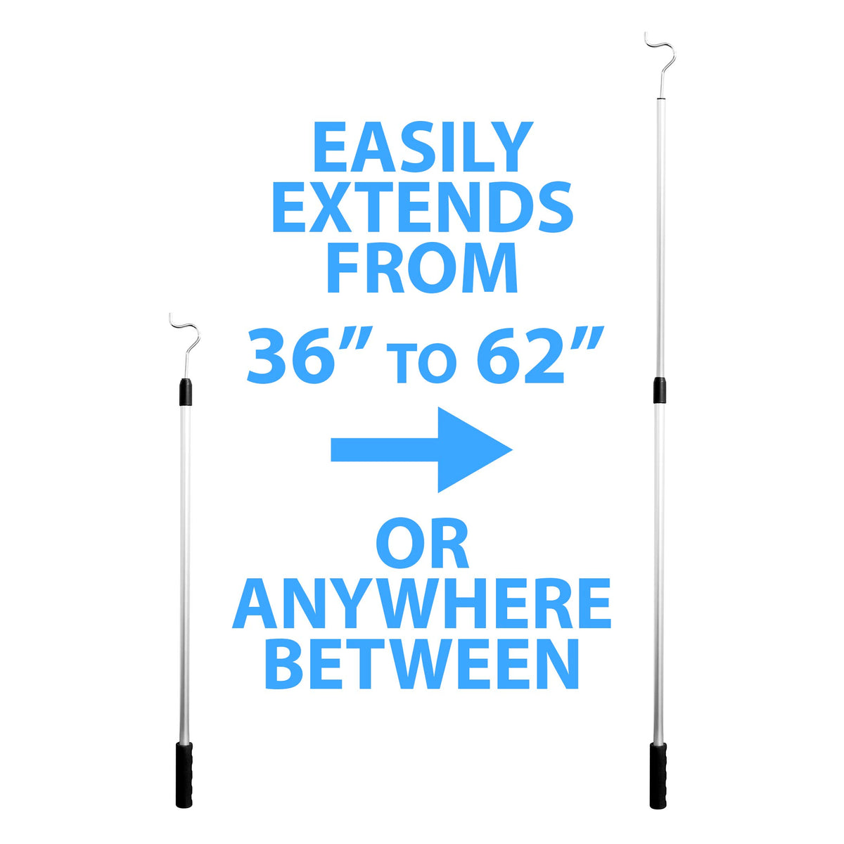 Richards Homewares Shepherds aluminium pole extended to 62 inches for high shelf access.