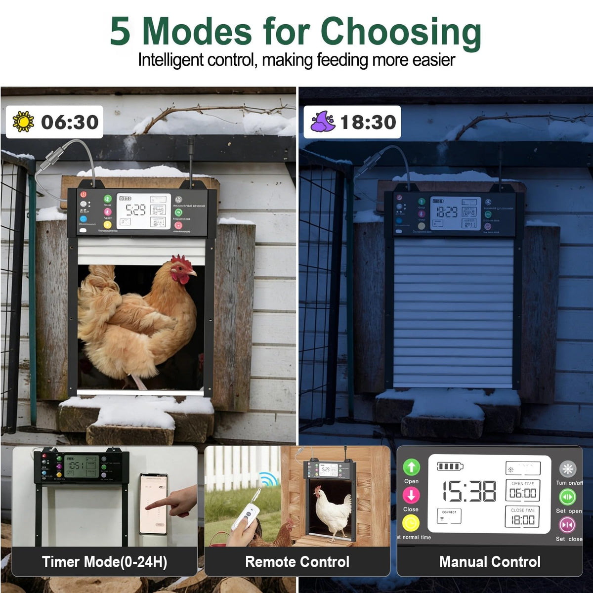 Richday automatic chicken coop door side view highlighting compact, weather-ready design
