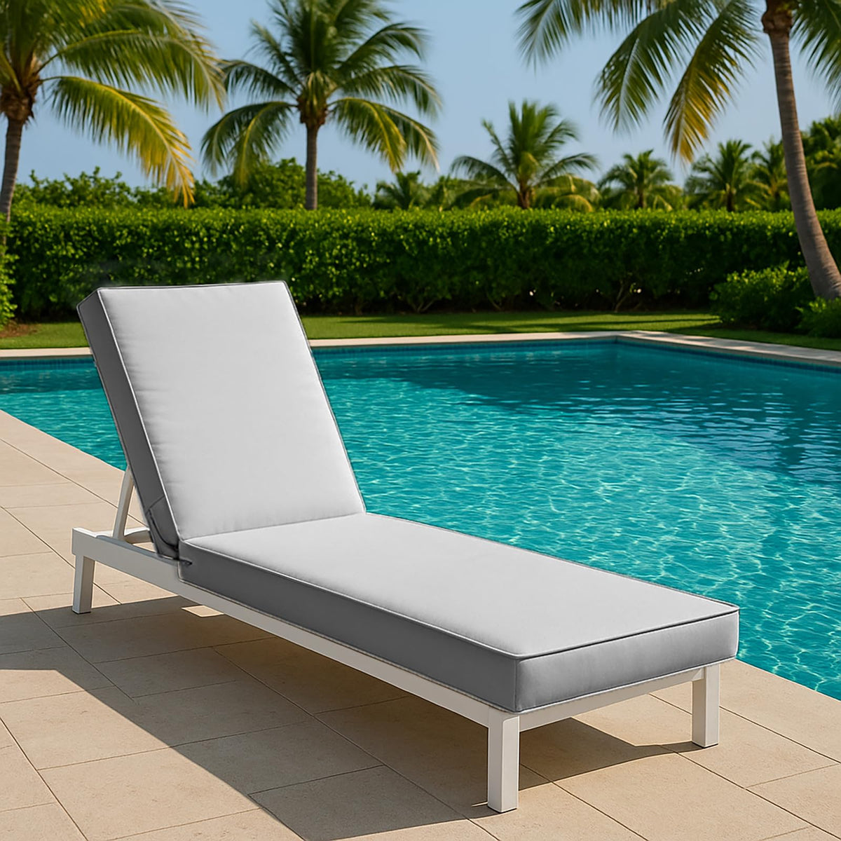 RICHRYCE chaise cushions secured by four ties and a strap on a chair outdoors.
