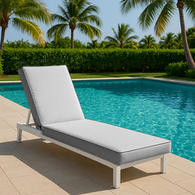 RICHRYCE chaise cushions secured by four ties and a strap on a chair outdoors.