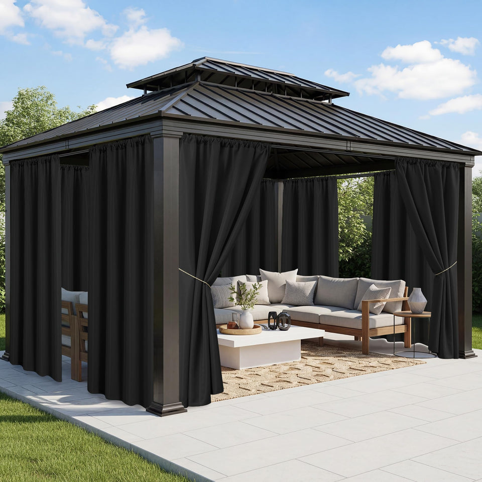 RichSets Black Outdoor Curtains on patio setup provide stylish shade and privacy.