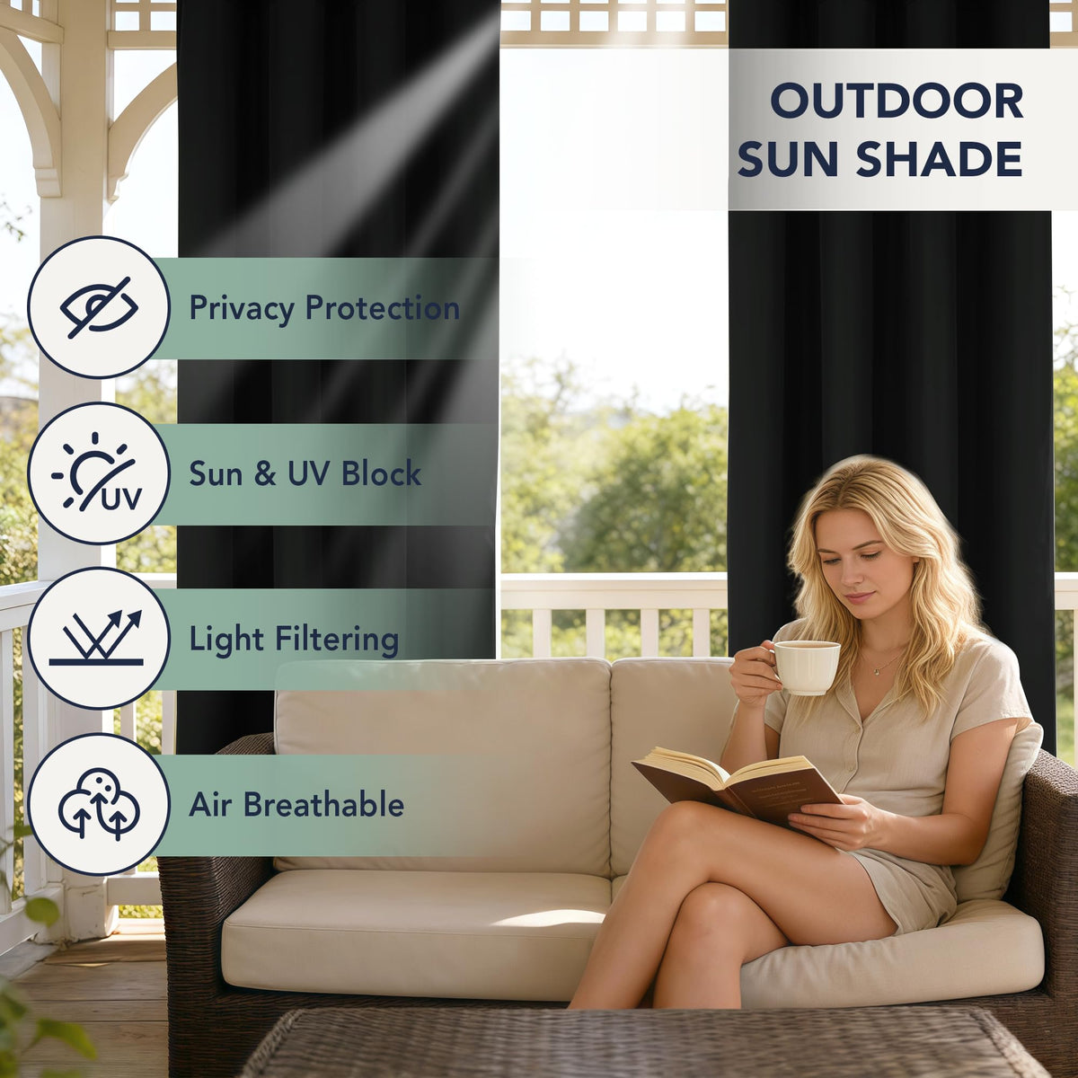 RichSets UV-protected outdoor curtain blocking sun for a cooler seating area.