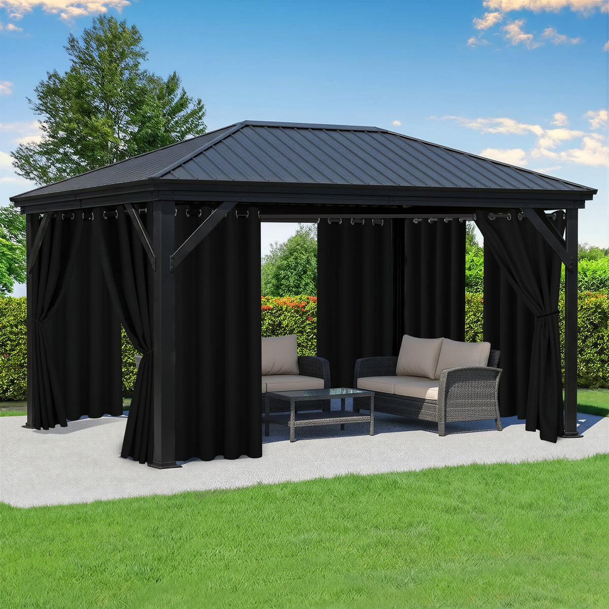 RichSets waterproof outdoor curtain protecting a patio from rain and splashes.