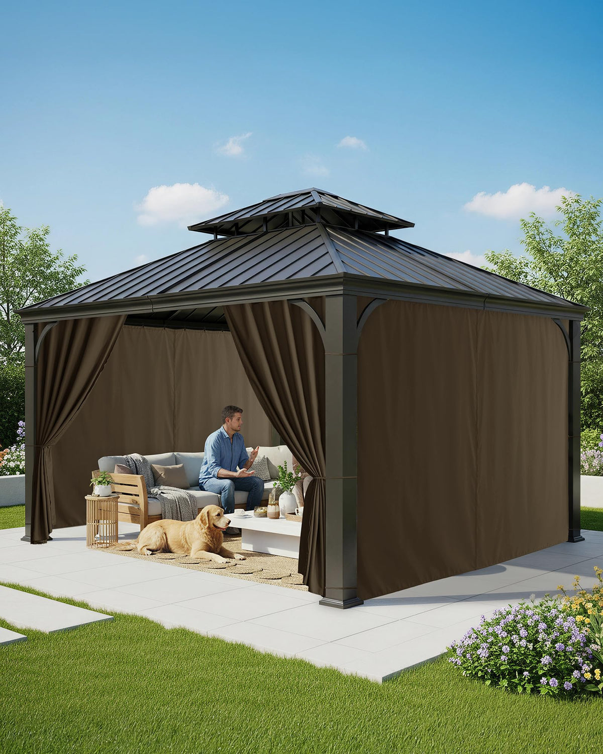 RichSets brown fabric curtain showing color and texture for outdoor aesthetics.