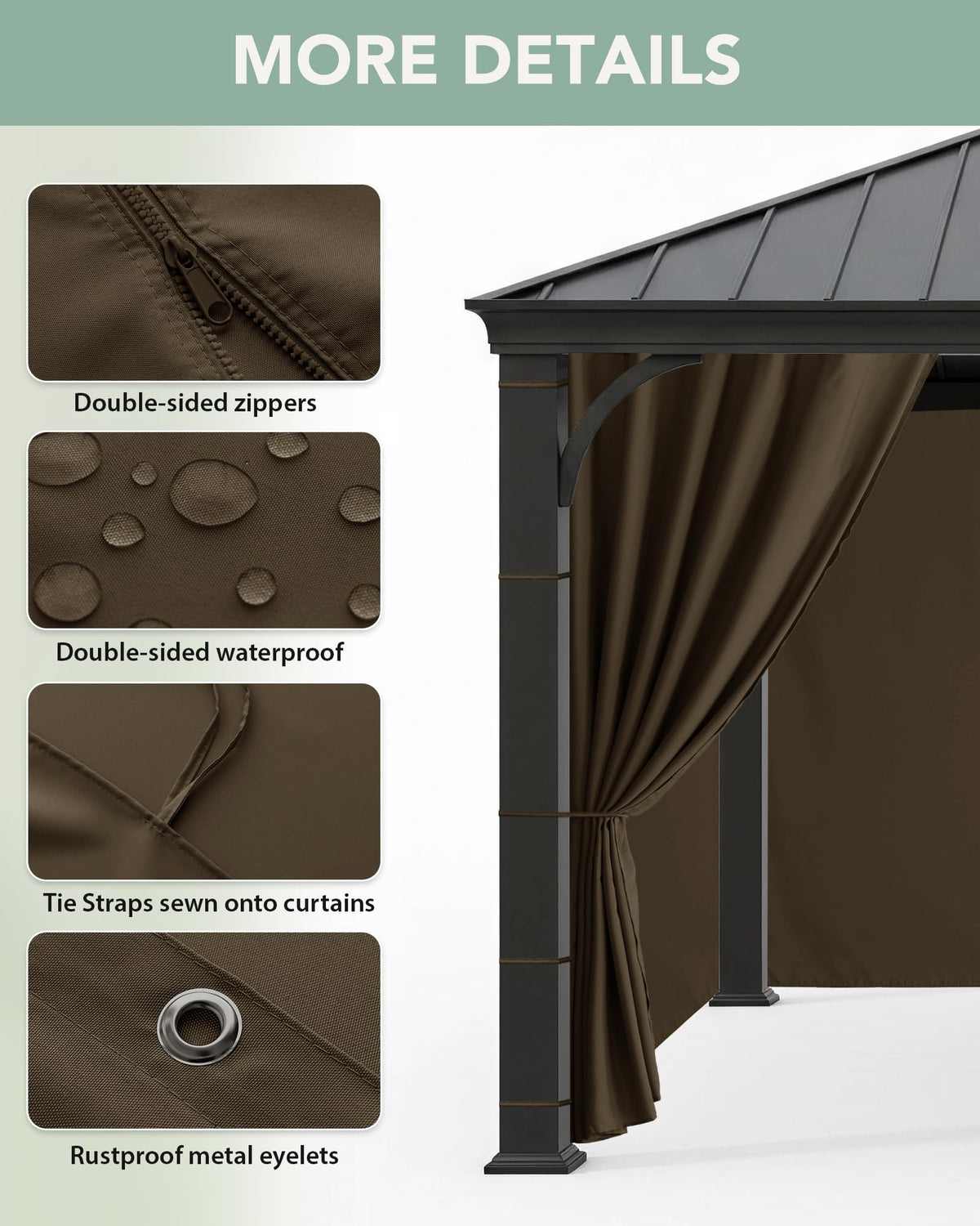 RichSets Gazebo Curtains zippered entry panel for easy access.