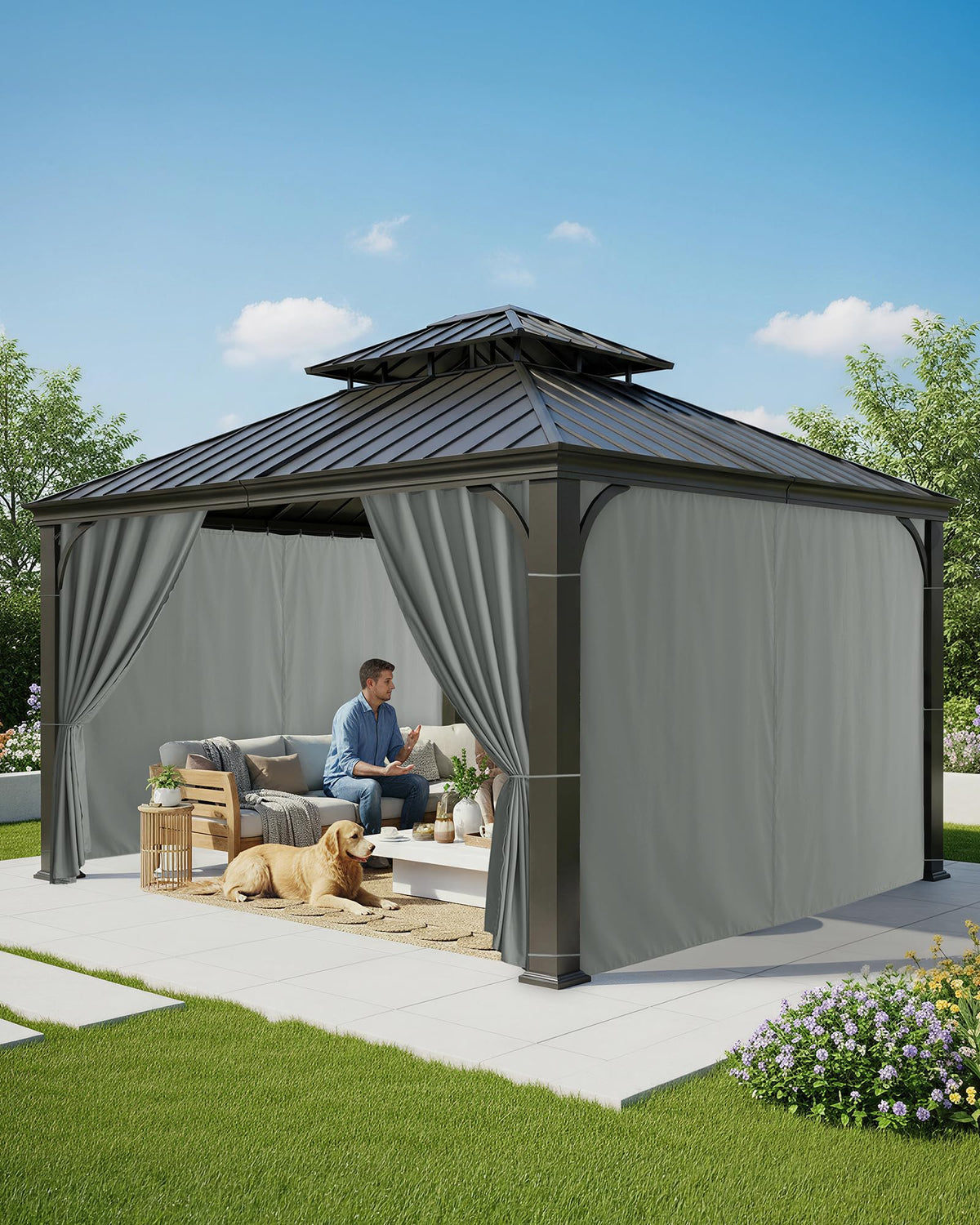 RichSets grey outdoor curtains complement pergola decor while providing subtle privacy.
