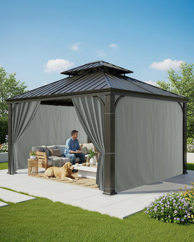 RichSets grey outdoor curtains complement pergola decor while providing subtle privacy.
