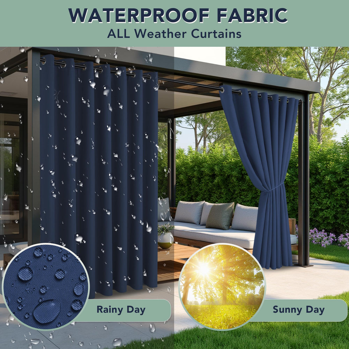 RichSets outdoor-curtains-grommet-top-navy enable easy installation and smooth sliding.
