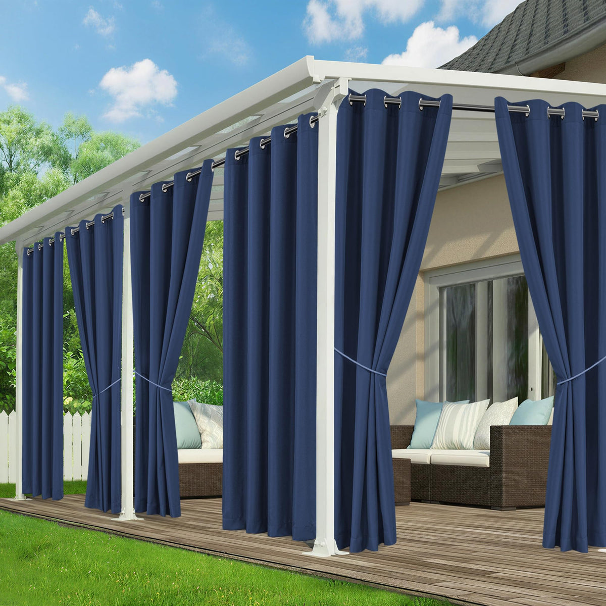 RichSets outdoor curtains in navy with six-panel patio setup for waterproof coverage.