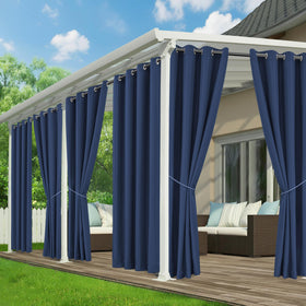 RichSets outdoor curtains in navy with six-panel patio setup for waterproof coverage.