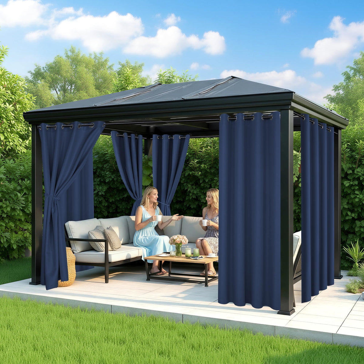 RichSets weatherproof-navy curtains protect pergola from rain and sun.