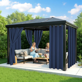 RichSets weatherproof-navy curtains protect pergola from rain and sun.