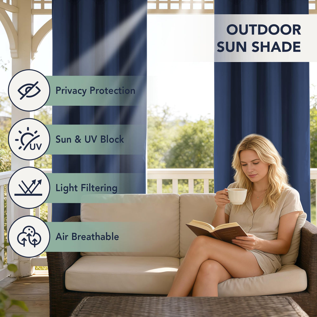 RichSets privacy-navy outdoor curtains create seclusion for balcony or cabana.