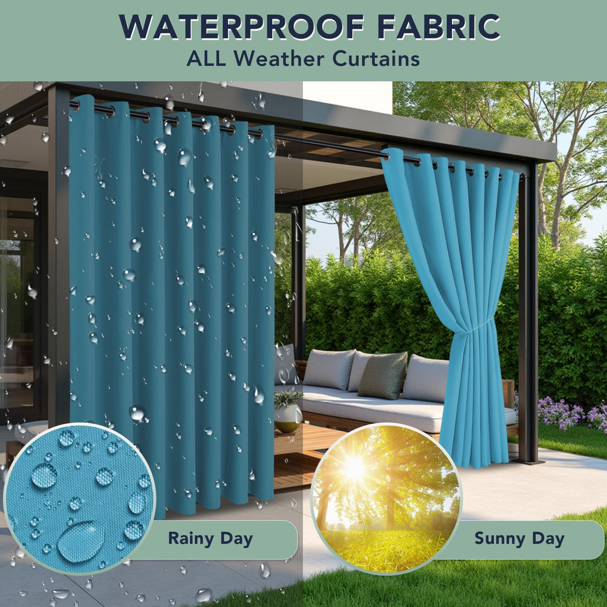 RichSets teal grommet-top curtains close-up, rust-resistant hardware for easy setup