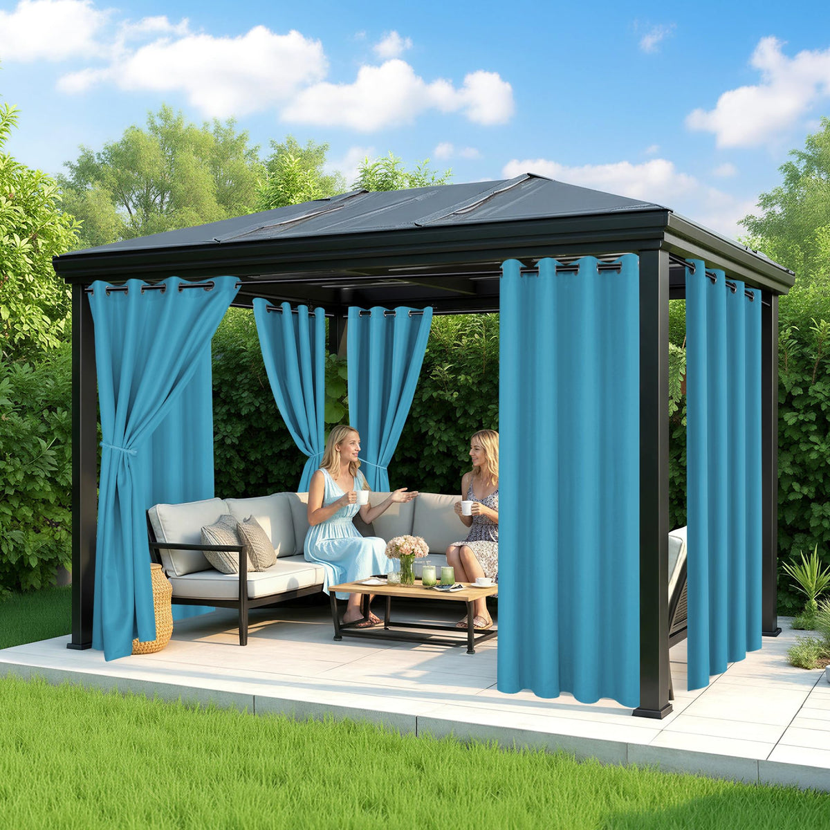 RichSets teal outdoor curtains on porch or gazebo, six-panel coverage in action