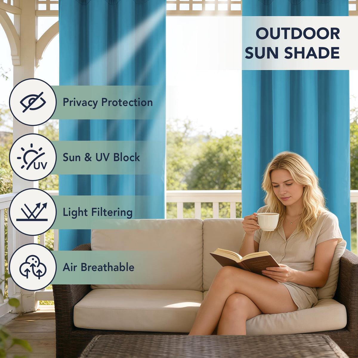 RichSets teal curtains providing privacy on balcony with shaded seating