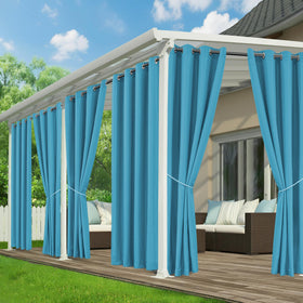 RichSets teal outdoor curtains on patio setup, waterproof and stylish for outdoor living