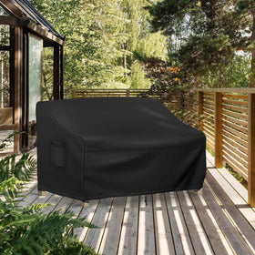 Richwon black patio couch cover in use under light drizzle.