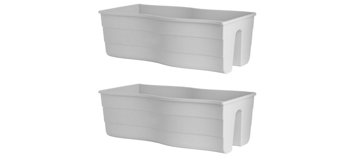Ridge Rail white long rectangular planter 2-pack ready for balcony installation.