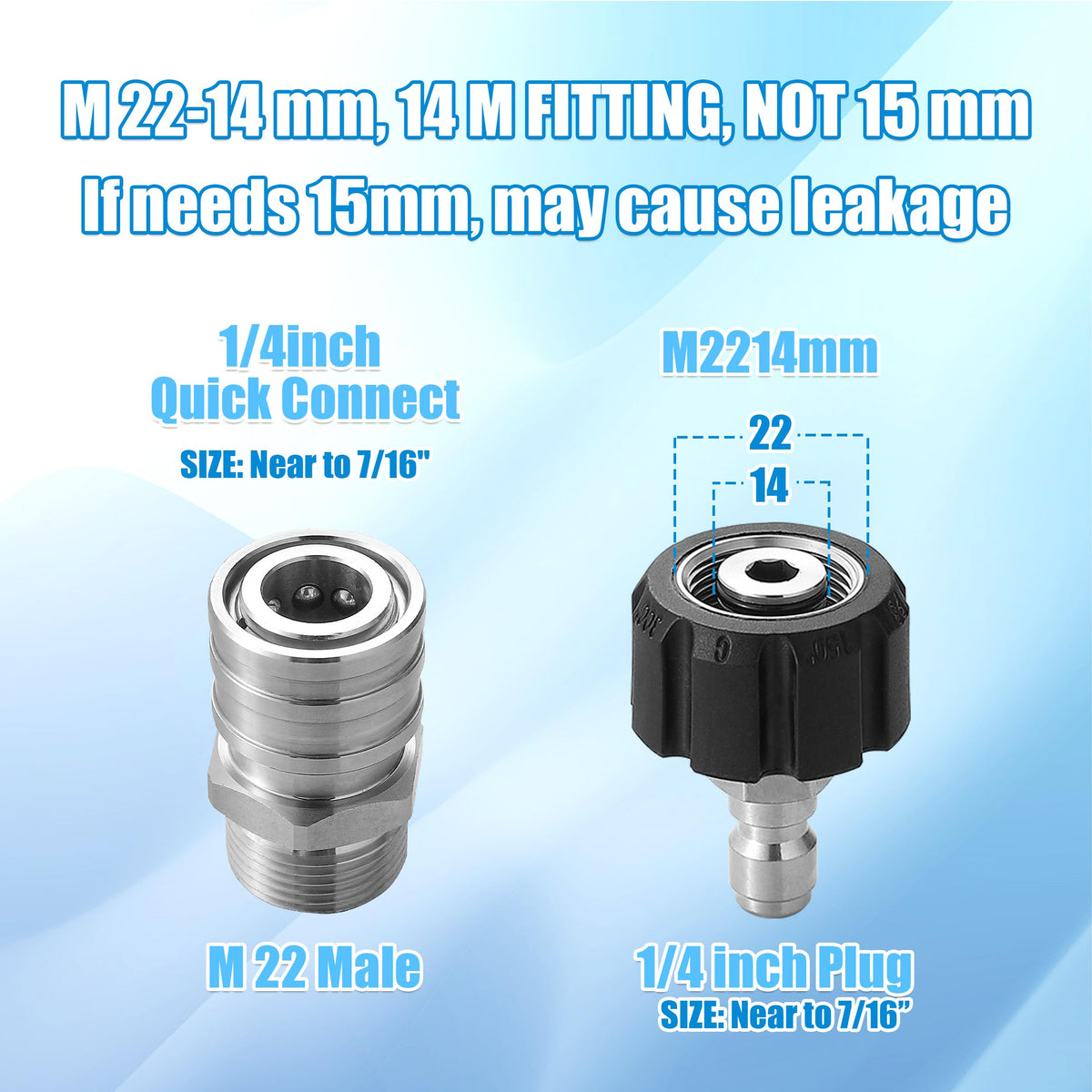 RIDGE WASHER 1/4 inch quick-connect plug to M22 14mm female thread for secure connection.