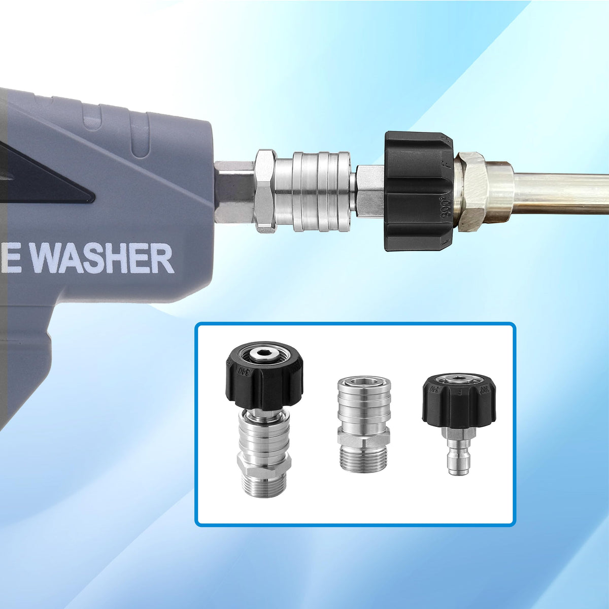 RIDGE WASHER 5000 PSI rated adapter set for high-pressure applications.