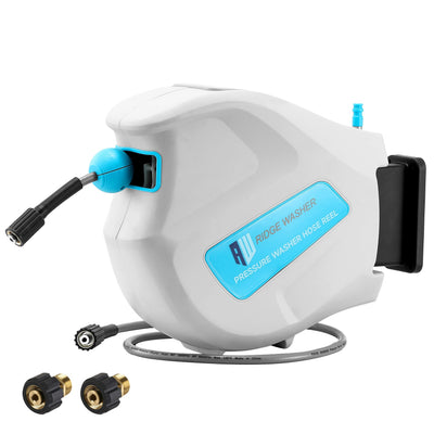 RIDGE WASHER wall-mounted hose reel with 65ft retractable hose for quick outdoor cleaning