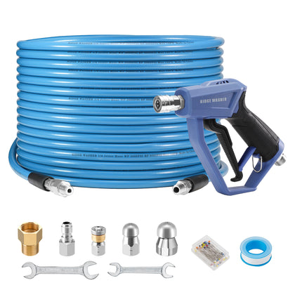 RIDGE WASHER sewer jetter hose 100ft in use, clears residential clogs efficiently.