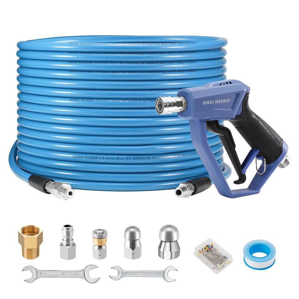 RIDGE WASHER sewer jetter hose 100ft in use, clears residential clogs efficiently.