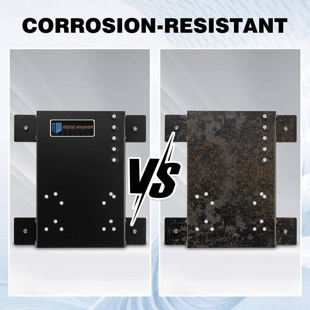 RIDGE WASHER skid plate shows easy installation with bracket holes and grommets.
