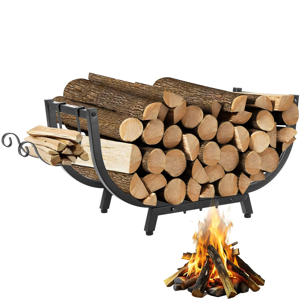 RIDGEPOLE 30-inch curved firewood rack outdoors keeps wood organized for cozy outdoor spaces.