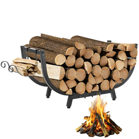 RIDGEPOLE 30-inch curved firewood rack outdoors keeps wood organized for cozy outdoor spaces.
