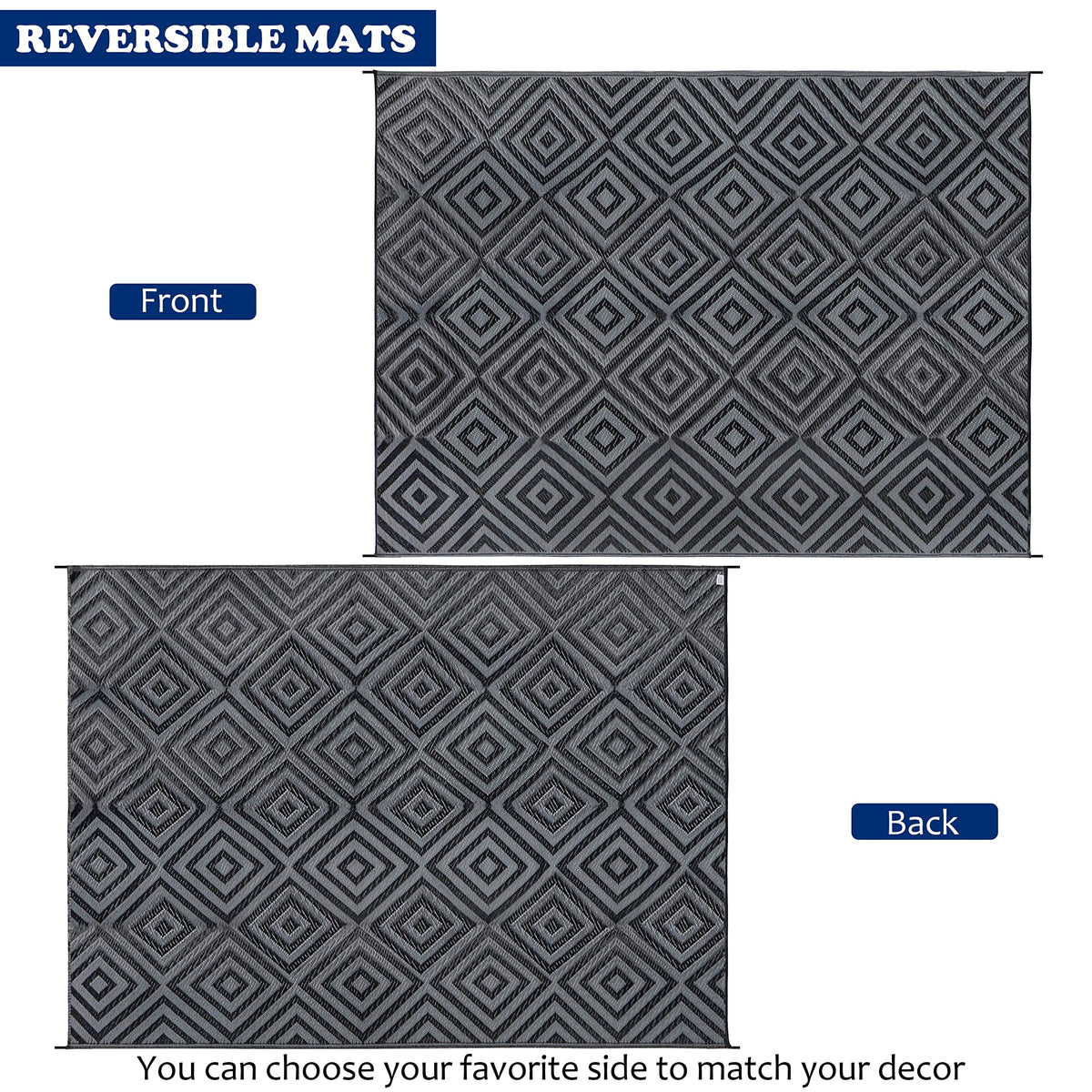 Ridota reversible mats Diamond Black Grey pattern side adds stylish patio decor and sun resistance