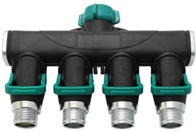 Riemex 4-way garden hose splitter on spigot, versatile watering options.