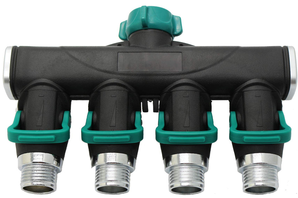 Riemex 4-way garden hose splitter on spigot, versatile watering options.