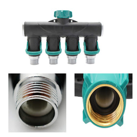 Riemex metal hose connector with easy grip, four outlets for split watering.