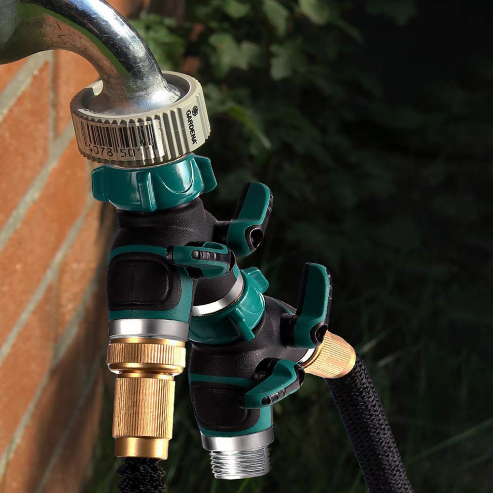 Riemex garden hose splitter in use for multi-zone watering