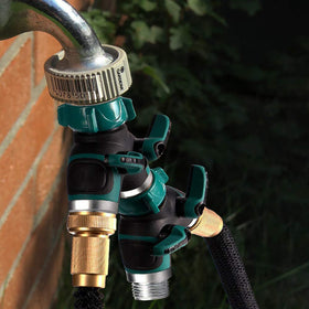 Riemex garden hose splitter in use for multi-zone watering