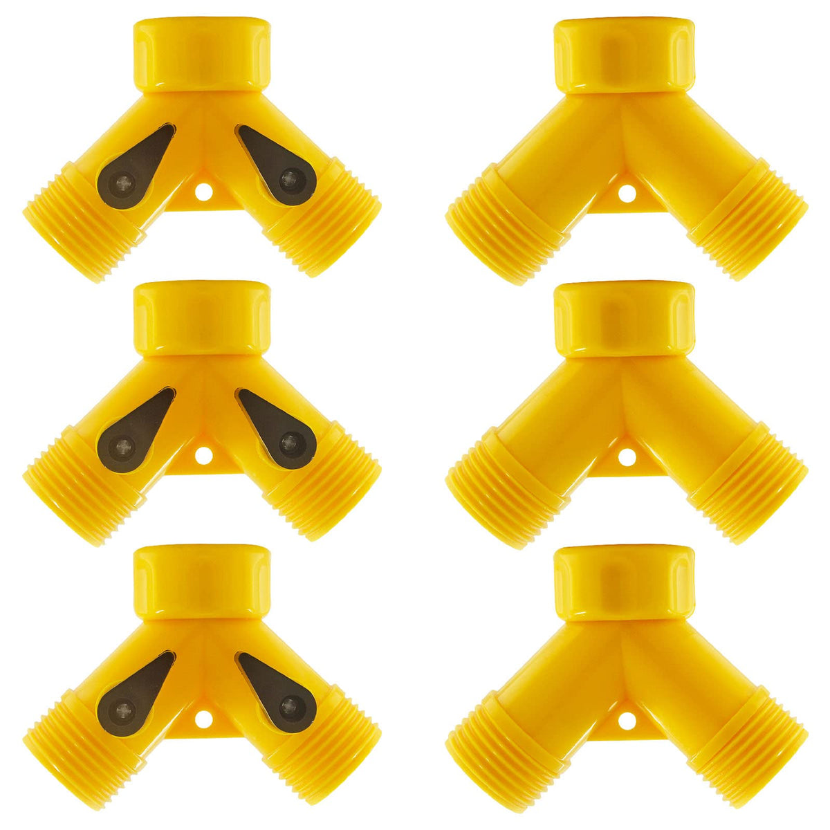 Rierdge 6-pack 2-way hose adapter close-up with dual valves for independent watering zones.