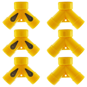 Rierdge 6-pack 2-way hose adapter close-up with dual valves for independent watering zones.