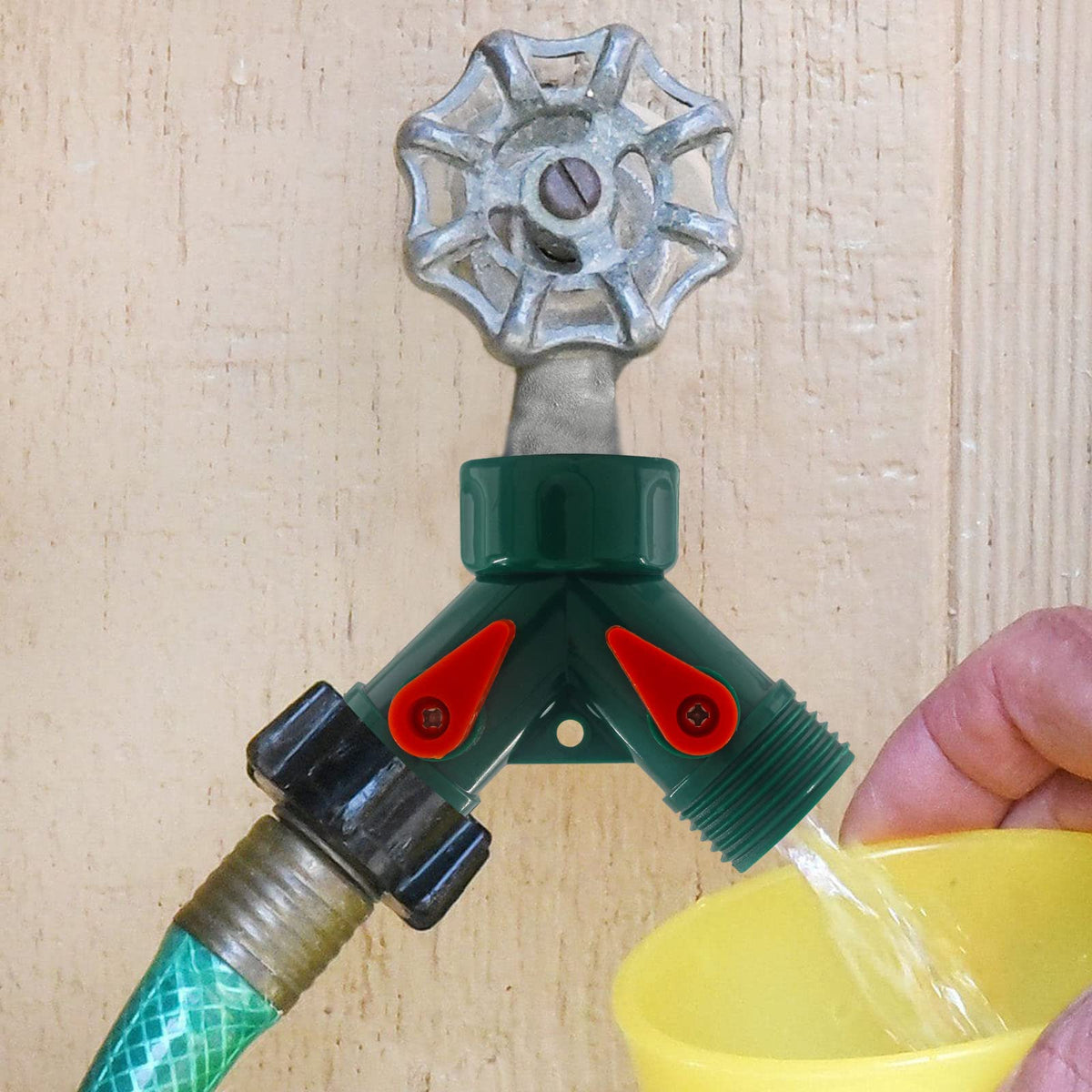 Rierdge garden hose splitter helps multitask watering around the yard.