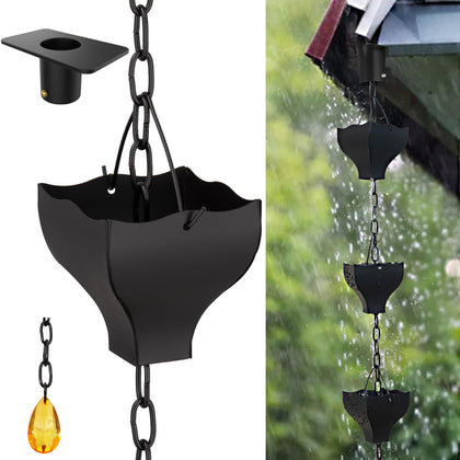 Rifachua rain chain with black cups, 8.5ft, decorates exteriors while guiding rain into a basin